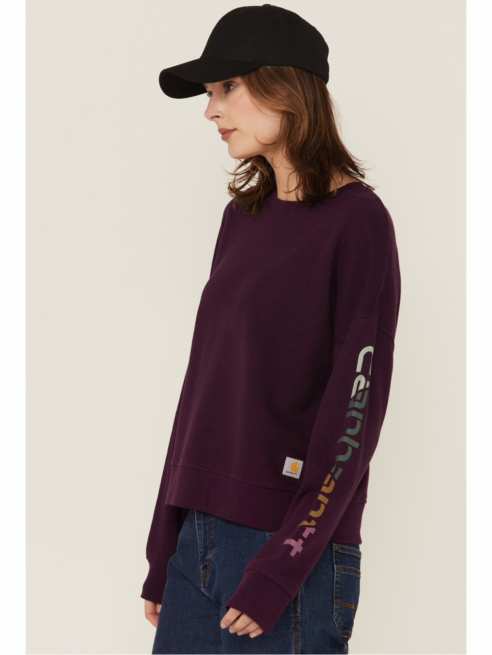 Carhartt Women's Deep Purple Logo-Sleeve Crewneck Sweatshirt Large